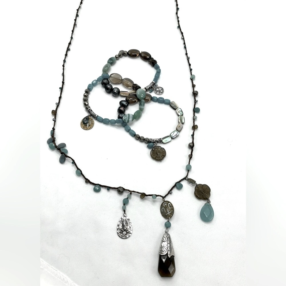 3 Teal Blue/Green Silpada Smokey Quartz Elastic Stretch Bead Bracelets - Picture 9 of 9